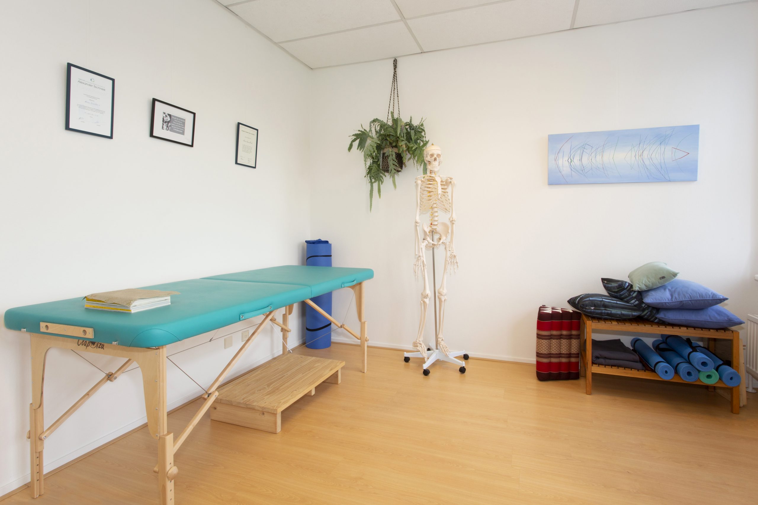 De praktijkruimte van AT Alwine in Gezondheidscentrum Stevenshof, met lestafel en oefenmatten