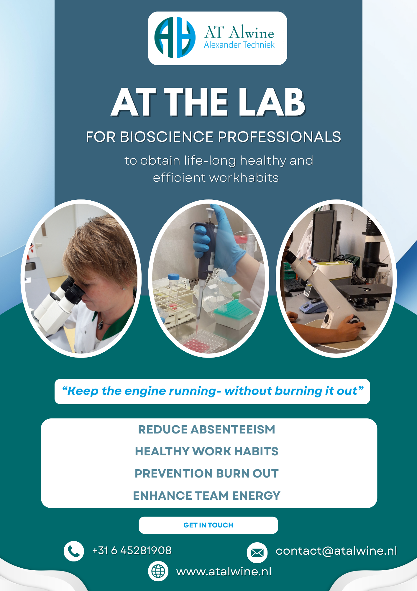 Flyer van AT the LAB voor Bio Science-professionals: gezonde werkgewoonten, preventie van burn-out en meer teamenergie